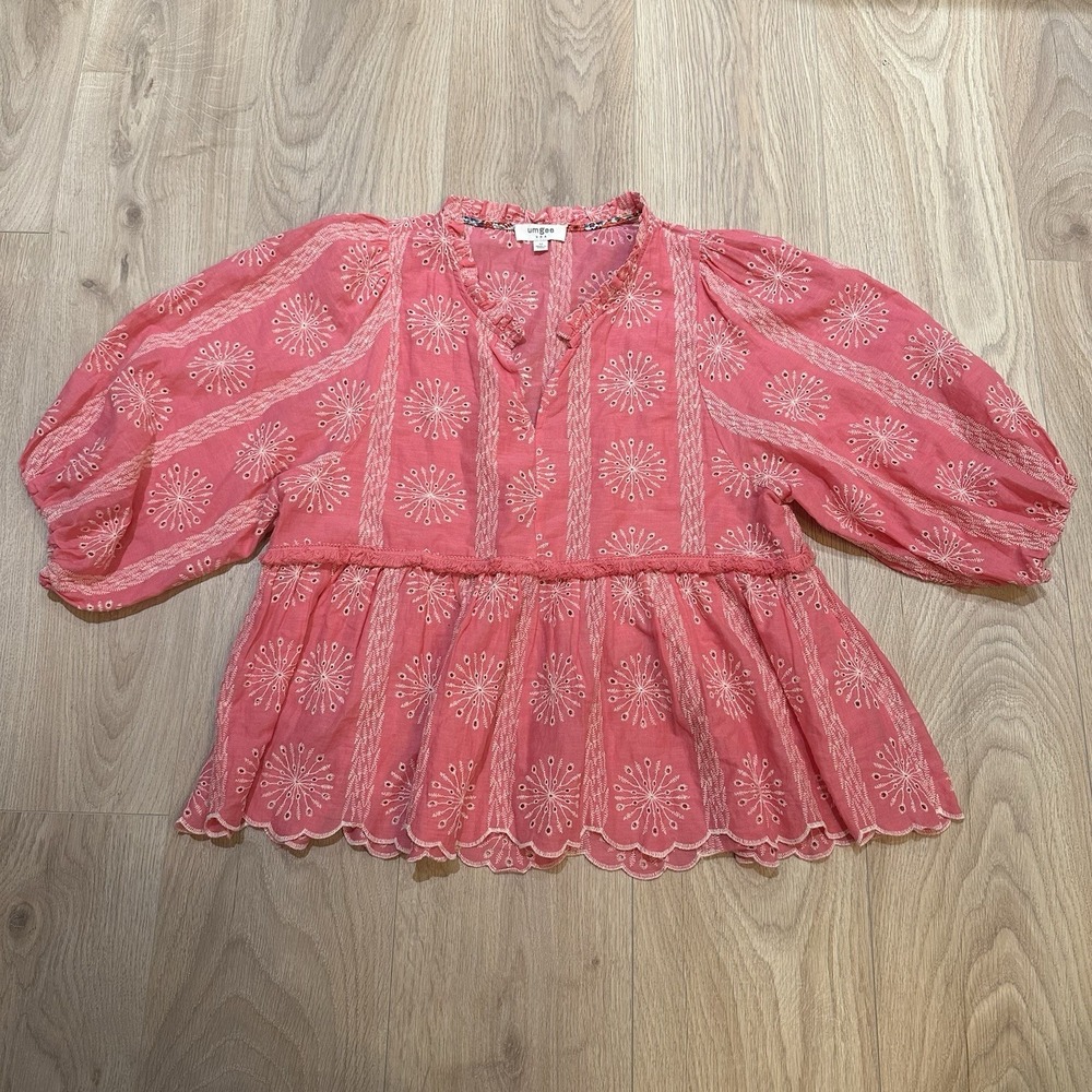 Umgee Womens Pink Peasant Lace Boho Top Shirt Blouse Puff Sleeve M Cottagecore‎